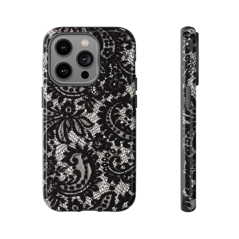 Elegant Lace Phone Case, Floral Phone Cover, Chic Smartphone Protector, Stylish Gift for Her, Black Lace Design image 4