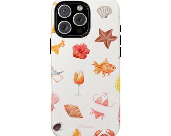 May include: White phone case with a watercolor design featuring a seashell, starfish, goldfish, hibiscus flower, cocktail, croissant, sunglasses, bikini, and crab. The case has a glossy finish and a camera cutout.
