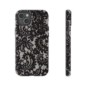 Elegant Lace Phone Case, Floral Phone Cover, Chic Smartphone Protector, Stylish Gift for Her, Black Lace Design image 1