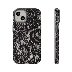 Elegant Lace Phone Case, Floral Phone Cover, Chic Smartphone Protector, Stylish Gift for Her, Black Lace Design image 2
