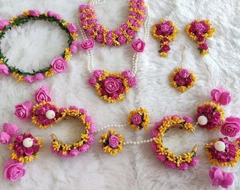 Set Gota /Bridal Jewelry Women Mehandi/Haldi Floral 2.6 Size Bangle Pink Multi Yellow Pom Earrings Designer Patti Jewellery Pompom Godbharai