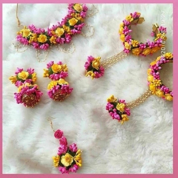 Flower Haldi Jewelry Set Bridal Mehandi Women Designer Wedding Baby Pink Shower Party Fabric Sangeet Jewellery Floral Ceremony Gotta Jewel