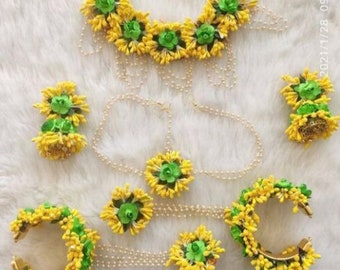 Flower Haldi Set Mehandi Jewelry Women Bridal Wedding Designer Jewellery Baby Shower Tikka Maang Combo Latest Party Handmade