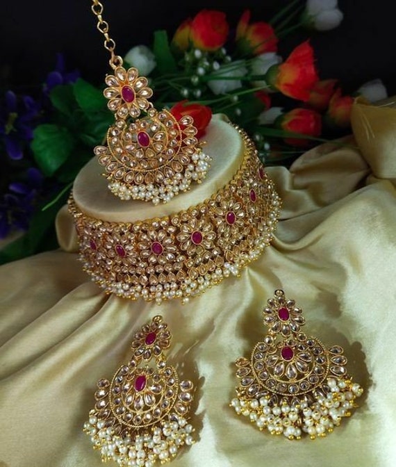 Indian Necklace Jewelry Gold Plated Bollywood Wedding Fashion Bridal Earring Set 