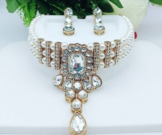 Indian Ethnic Bollywood CZ Gold Plated Pearl Kundan Fashion Jewelry Necklace Set 