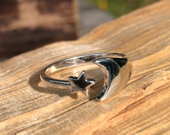 Sterling Silver Adjustable Moon and Star Ring