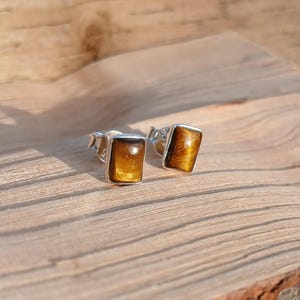 Sterling Silver Rectangle Tiger's Eye Stud Earrings