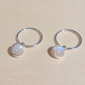 Sterling Silver Hoops Earrings With Cabochon Round Moonstone Pendant