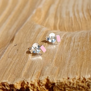 Sterling Silver Petite Bar Stud Earrings With Light Pink Resin Inlay