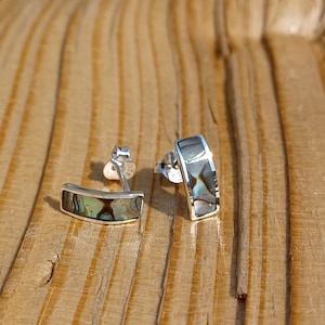 May include: A pair of silver earrings with a curved rectangular shape. The earrings are made of abalone shell with iridescent green, blue, and brown colours.