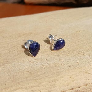 Può includere: Un paio di orecchini a lobo in argento con accenti di pietre preziose blu a forma di goccia.