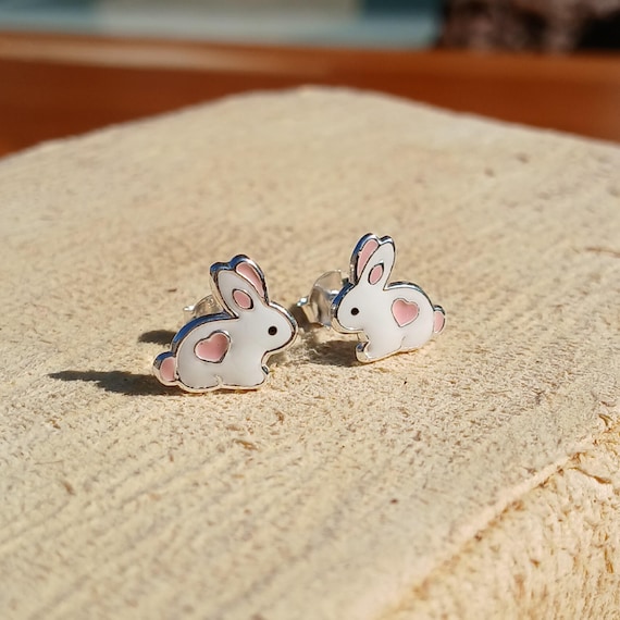 Sterling Silver Stud Rabbit Enamel White Pink Sterling Silver Stud Rabbit Enamel White Pink
