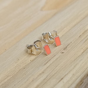 Sterling Silver Petite Bar Stud Earrings With Pink Resin Inlay