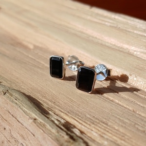 Sterling Silver Faceted Rectangle Black Onyx Stud Earrings
