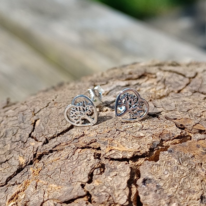 Sterling Silver Tree Heart Stud Earrings image 3