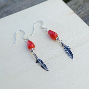 Sterling Silver Feathers And Coral Drop Earrings