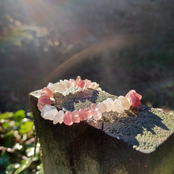 Moonstone and Strawberry Quartz Gem Chip Bracelet