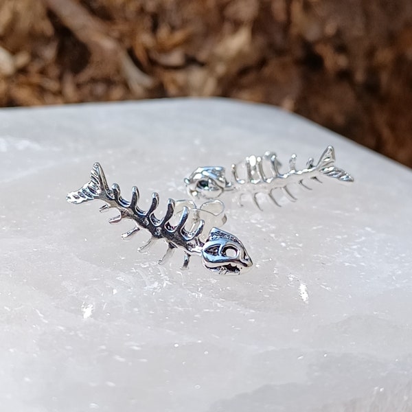 Sterling Silver Fish Skeleton Stud Earrings