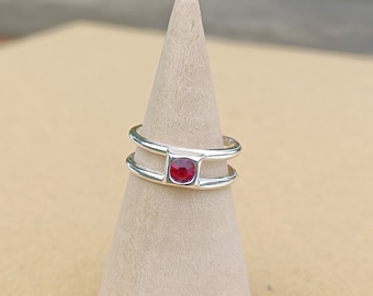 Adjustable Sterling Silver And Square Set Deep Red Cubic Zirconia Toe Ring