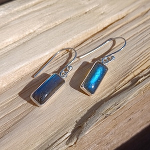 Puede incluir: Un par de pendientes de plata con piedras rectangulares de labradorita. Las piedras tienen un brillo iridiscente azul oscuro y verde.