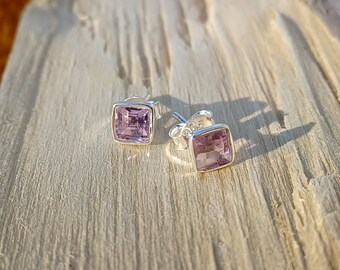 Sterling Silver Faceted Square Amethyst Stud Earrings