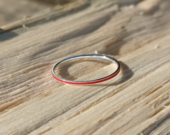 Sterling Silver Fine Band Stacker Ring With Red Enamel Inlay