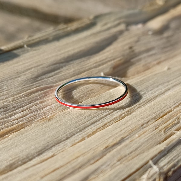 Sterling Silver Fine Band Stacker Ring With Red Enamel Inlay