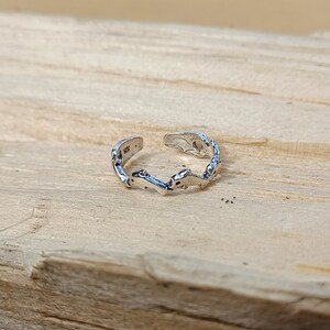 Könnte beinhalten: Ein verstellbarer Silberring mit einem Design aus einer Reihe verbundener Delfine. Der Ring liegt auf einer Holzoberfläche.