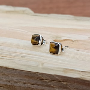 Sterling Silver Square Tiger's Eye Stud Earrings