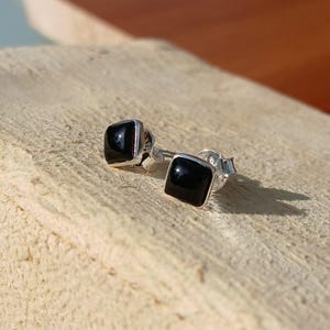 Sterling Silver Cabochon Square Black Onyx Stud Earrings