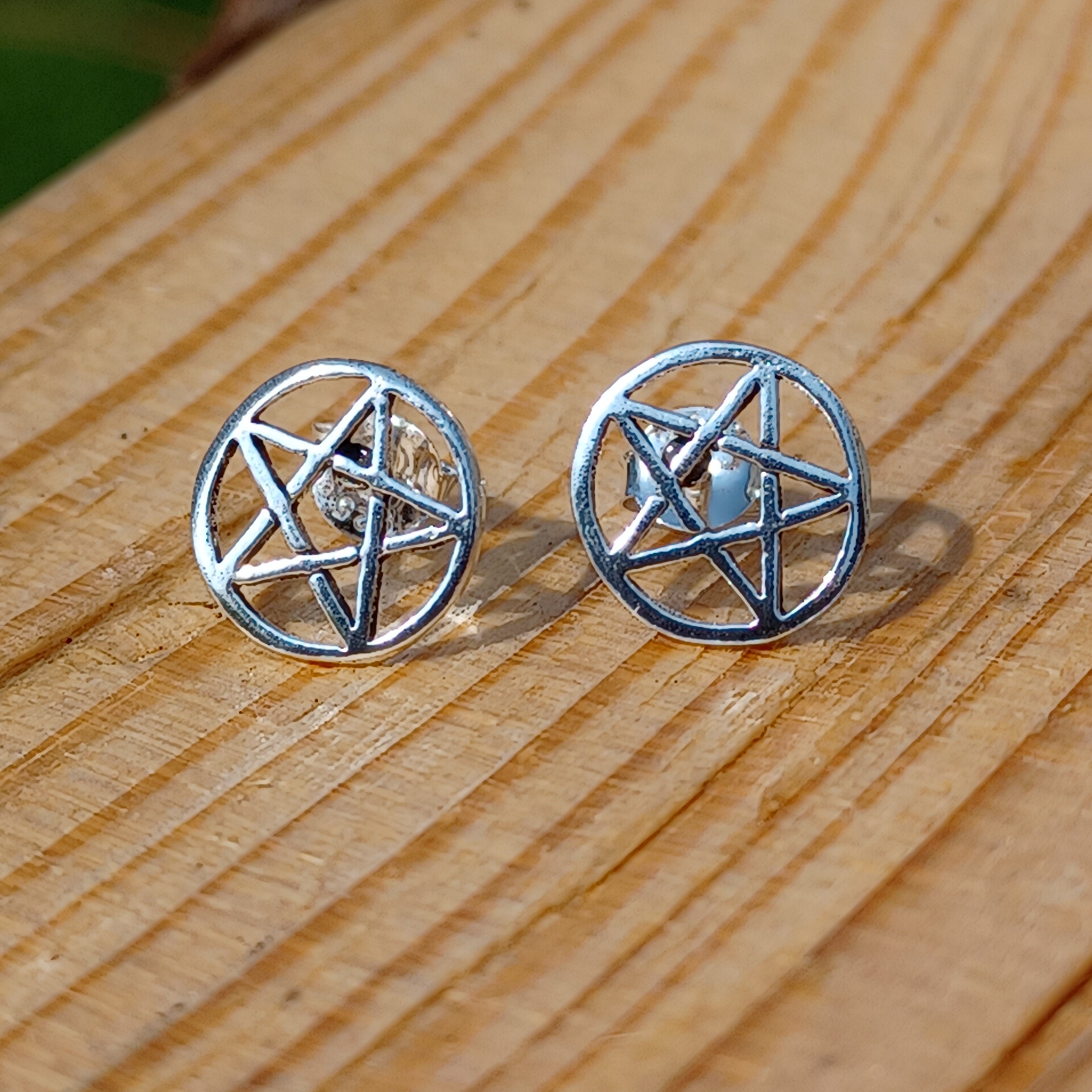 Genuine 925 Sterling Silver Pentagram Stud Earrings - 11mm Round Star For Pagan, Wicca Rituals