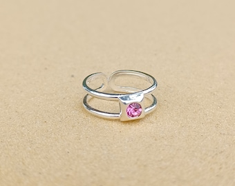 Adjustable Sterling Silver And Square Set Pink Cubic Zirconia Toe Ring