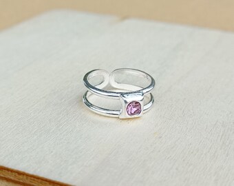 Adjustable Sterling Silver And Square Set Purple Cubic Zirconia Toe Ring