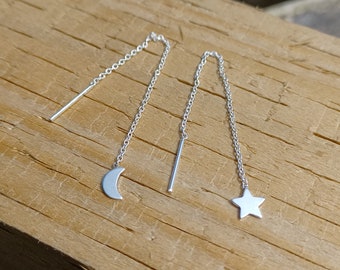 Sterling Silver Star Moon Ear Threaders