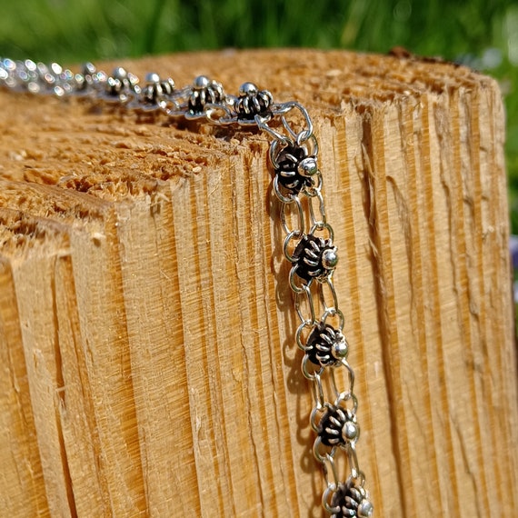 Sterling Silver Double Links And Flowers Anklet