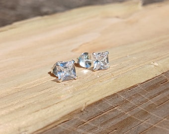 Orecchini A Bottone Argento 925 Silverly - Rettangolari Con Zirconi Cubici - 8mm - 2