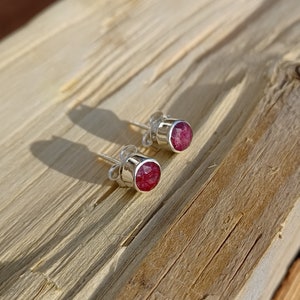 May include: A pair of silver stud earrings with red gemstone accents. The earrings are on a wooden surface.