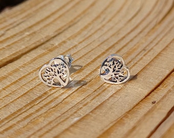 Sterling Silver Tree Heart Stud Earrings