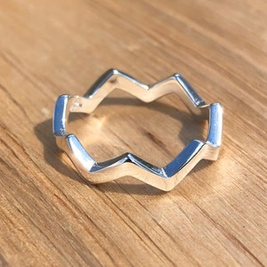 Könnte beinhalten: Ein silberner Ring mit Zickzack-Muster. Der Ring ist aus Metall und hat eine glatte Oberfläche.