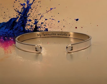 My favourite weirdo - Cuff bracelet with a hidden motivational message, with/without cut-out heart detail