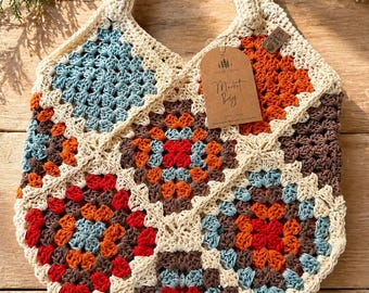 Granny Square Crochet Tote Bag | 100% Cotton Market Bag, Boho Shoulder Purse