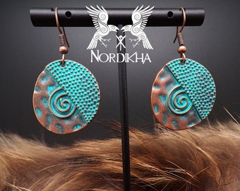 Boucles d'oreilles femme, couleur cuivre et turquoise - Rondes - Bijoux Viking, nordique - pendantes - inspiration Lagertha de Vikings