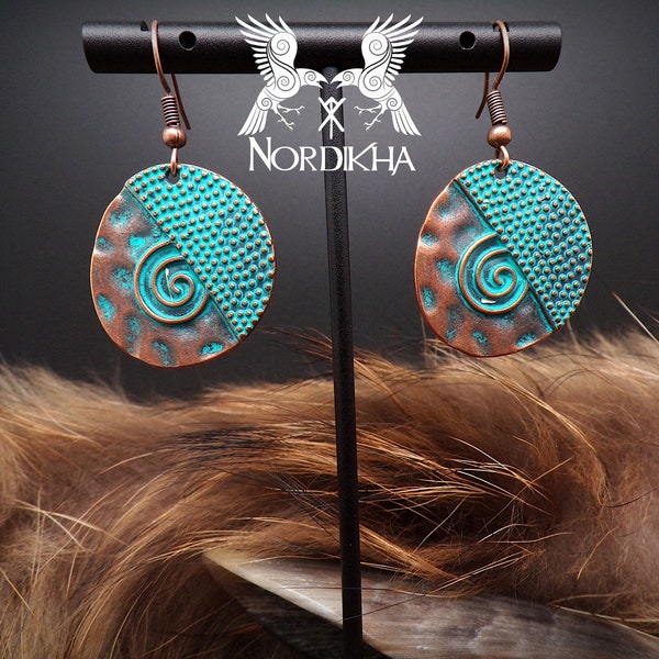 Boucles d'oreilles femme, couleur cuivre et turquoise - Rondes - Bijoux Viking, nordique - pendantes - inspiration Lagertha de Vikings