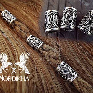 3 Viking hair beads, RUNE - Silver - viking, Nordic - blackened silver color - LARP, GN - hair jewelry, braid beads, beard