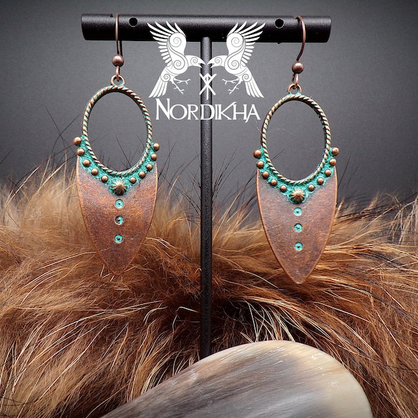 Boucles d'oreilles femme, couleur cuivre et turquoise - flèche de Kattegat - Bijoux Viking, nordique - pendantes - inspiration Lagertha