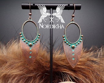Pendientes de mujer, color cobre y turquesa - Flecha Kattegat - Joyería vikinga, nórdica - colgantes - Inspiración Lagertha