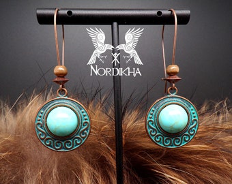 Pendientes de mujer, color cobre - piedras turquesas - Vikingo, joyería nórdica - colgantes - Inspiración Lagertha Vikings