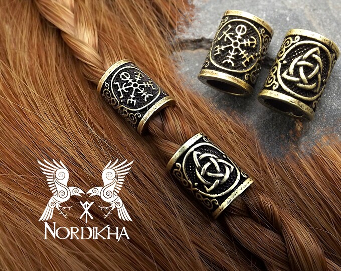 2 Viking Hair Beads, Triquetra and Vegvisir BRONZE Nordic Hair Jewelry