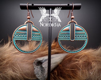 Boucles d'oreilles femme, couleur cuivre et turquoise - Bijoux Viking, nordique - rondes, pendantes - inspiration Lagertha, ethnique