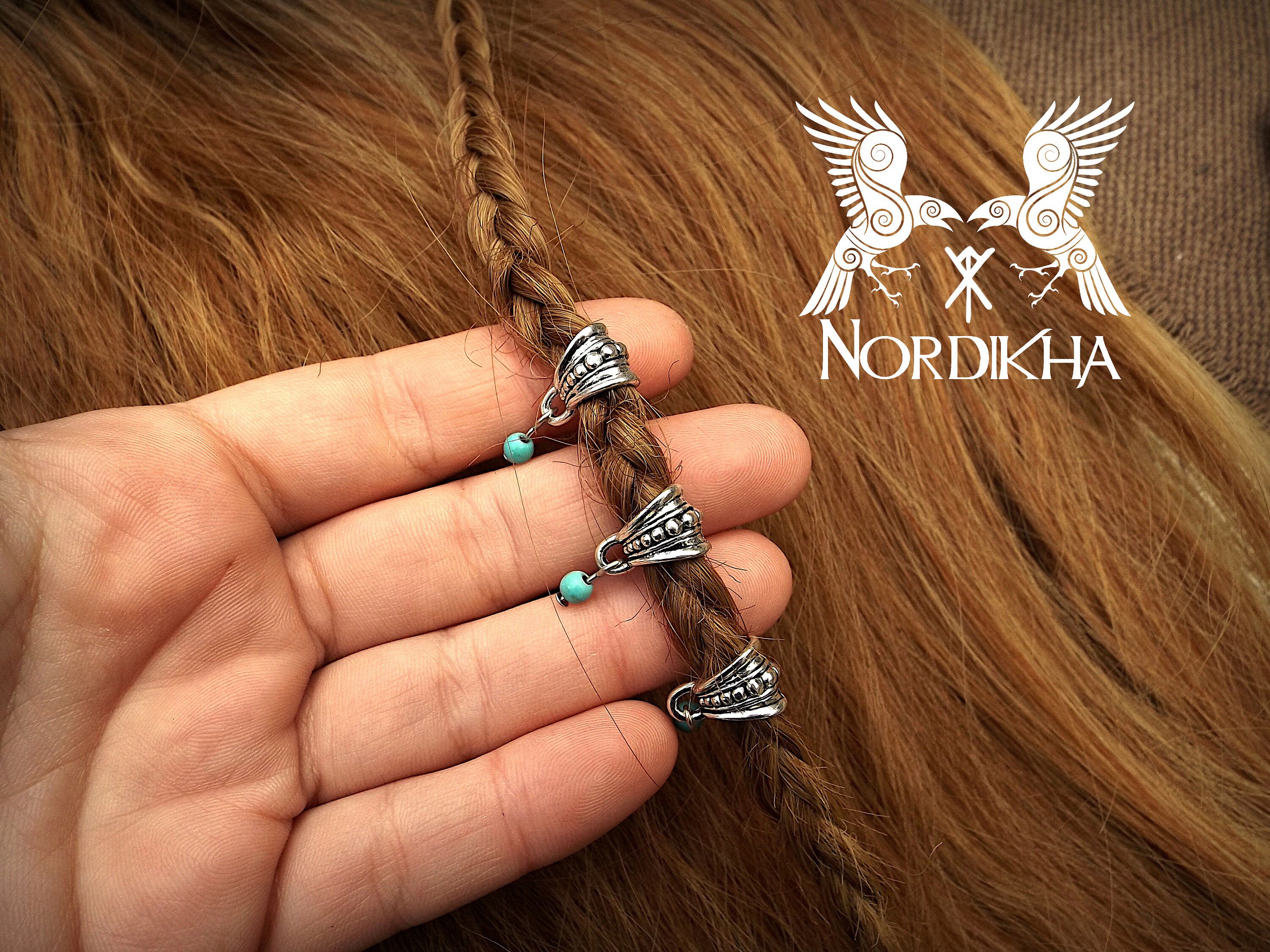 Real TURQUOISE stone 3 Viking hair beads Viking Nordic Etsy